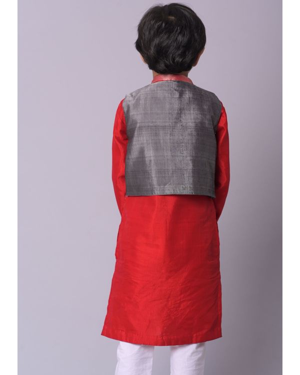 Red silk kurta with white pants and grey jacket - set of three 1