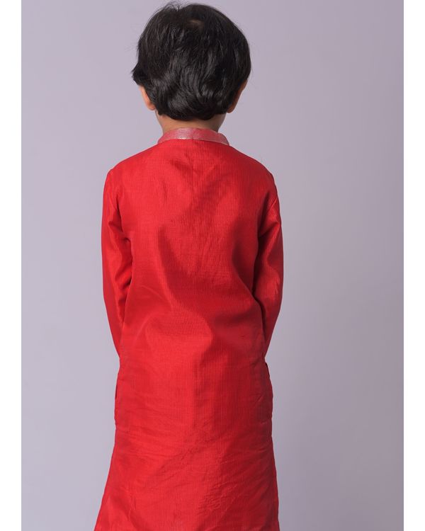 Red silk kurta with white pants and grey jacket - set of three 2