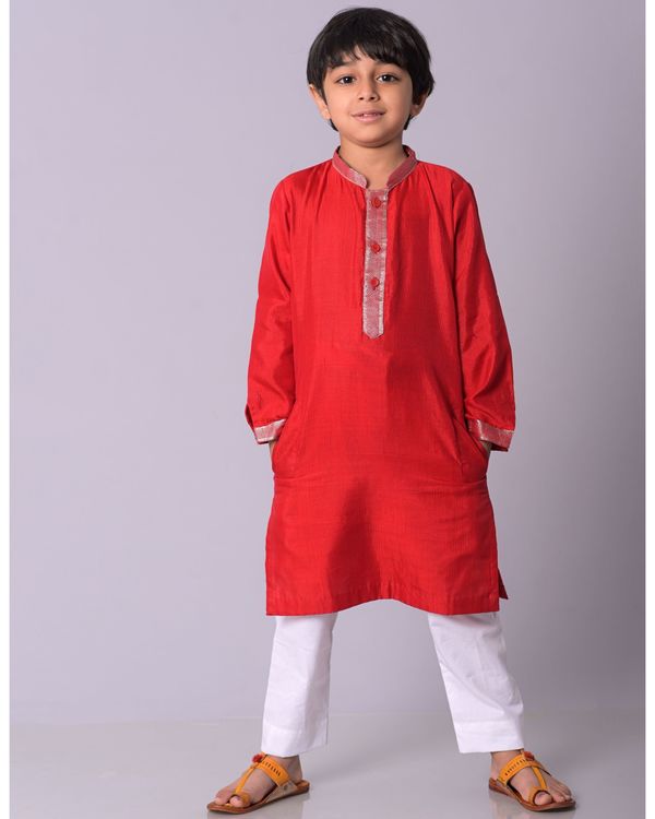 Red silk kurta with white pants and grey jacket - set of three 3