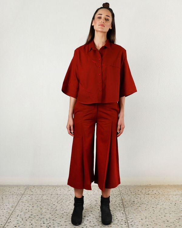 Cherry red line detailed crop shirt 2