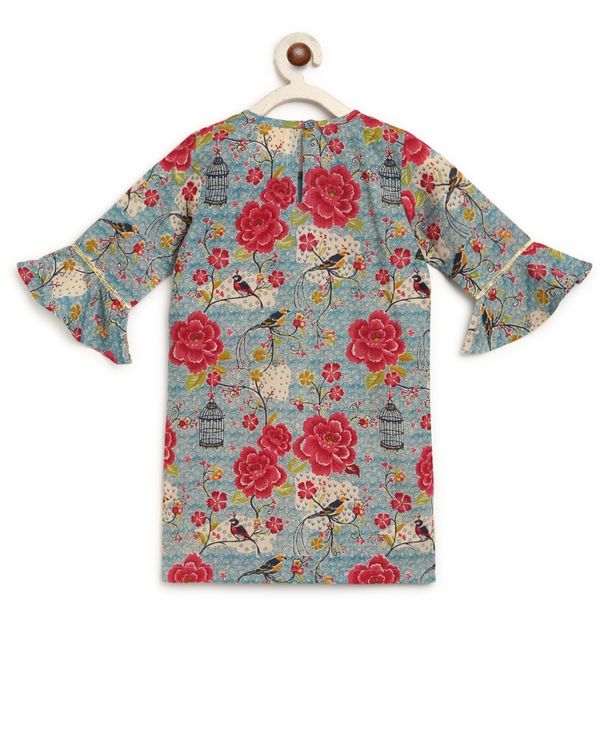 Blue floral block printed kurta and sharara - set of two 2