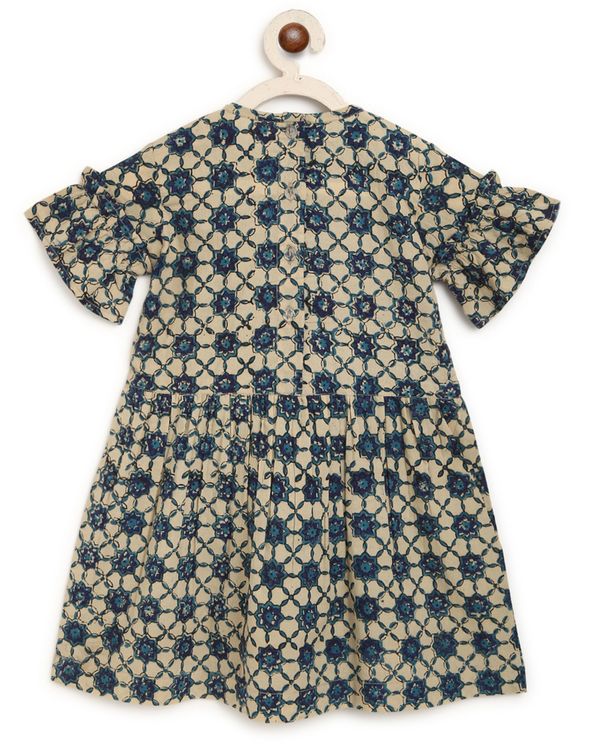 Beige and blue block printed ruffled sleeve dress 1