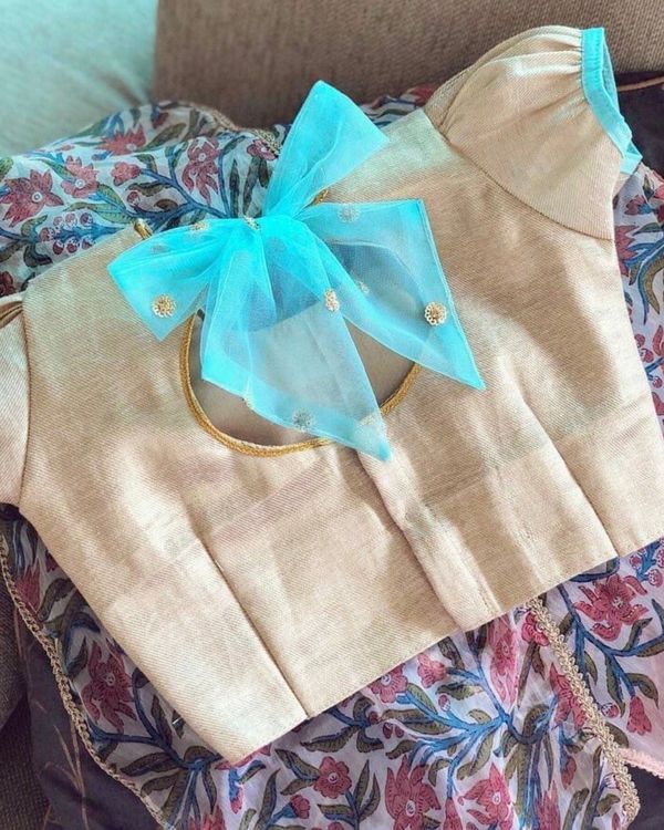 Golden choli and turquiose lehenga with floral dupatta - set of three 1