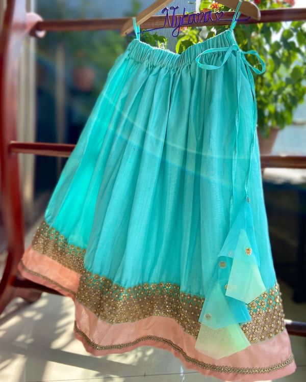 Golden choli and turquiose lehenga with floral dupatta - set of three 2