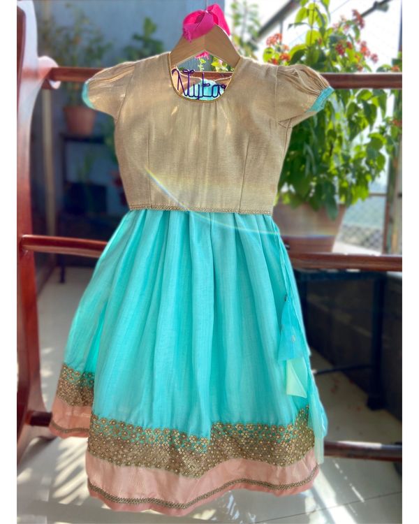 Golden choli and turquiose lehenga with floral dupatta - set of three 3