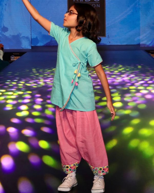 Turquoise angrakha kurta with pink pathani pants - set of two 1