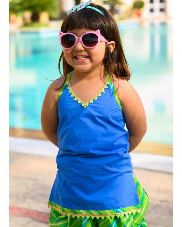 Blue halter kurta with green leharia dhoti pants - set of two 2