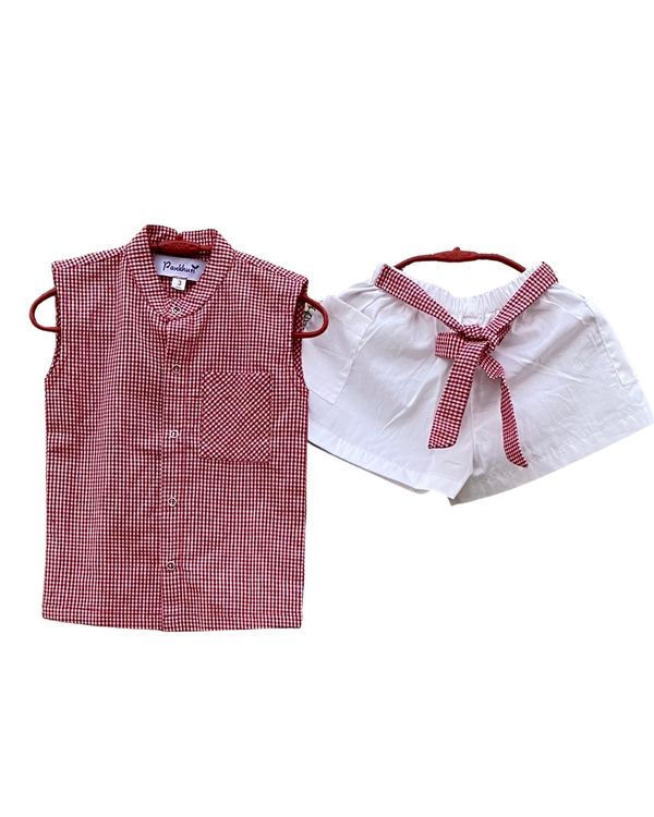 Red mandarin top and white shorts - set of two 1