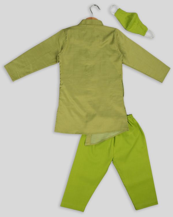 Pista green kurta and pants with floral printed half jacket and mask- set of three 1
