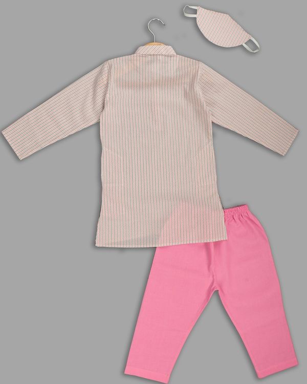 Pink and white zig zag kurta and mask with pink pants - set of three 1