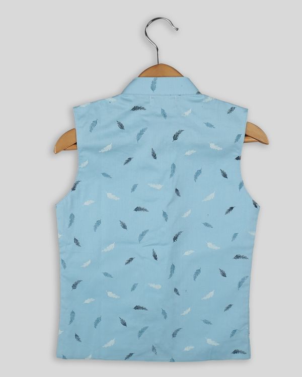 Baby blue feather printed waist coat 1