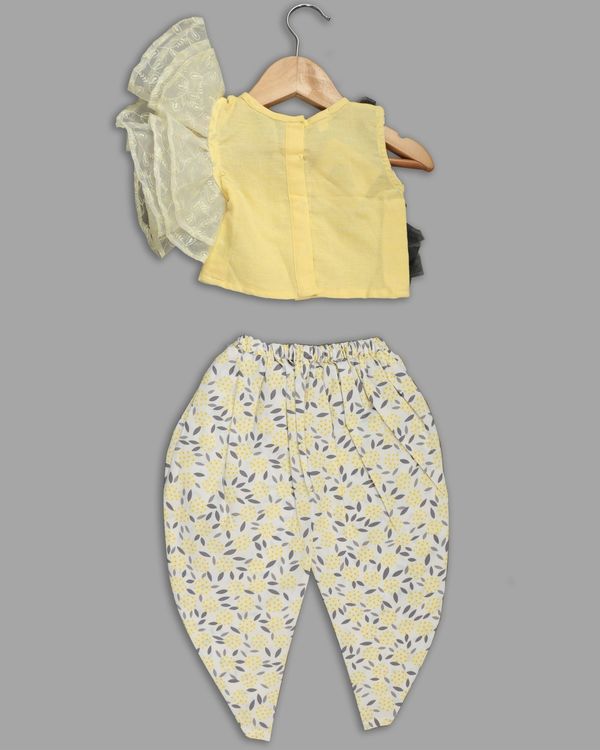 Yellow ruffled sleeve top with floral printed dhoti pants - set of two 1