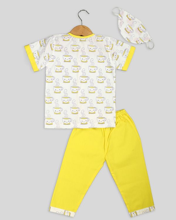 Yellow cup and saucer printed top and mask with yellow pants - set of three 1