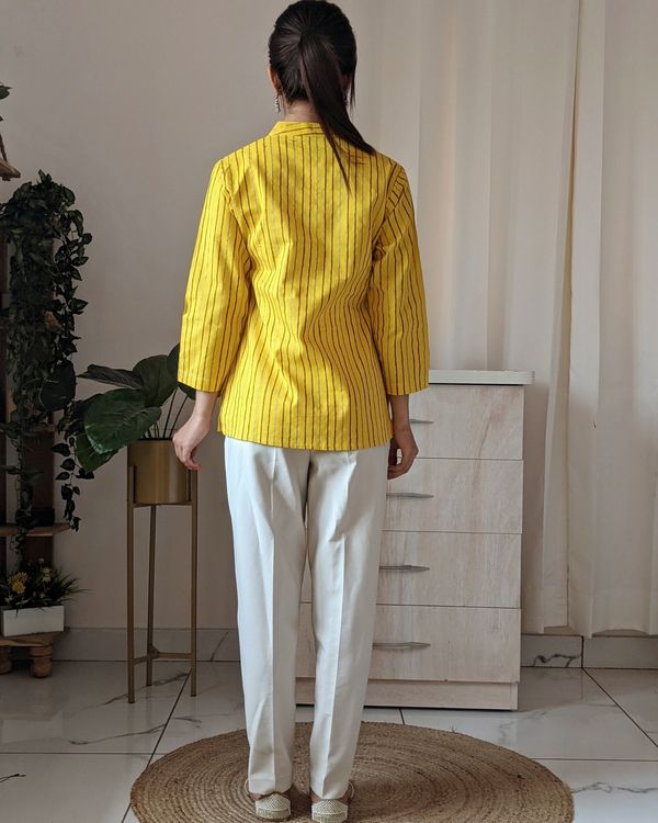 Yellow ochre front pleated striped top 1