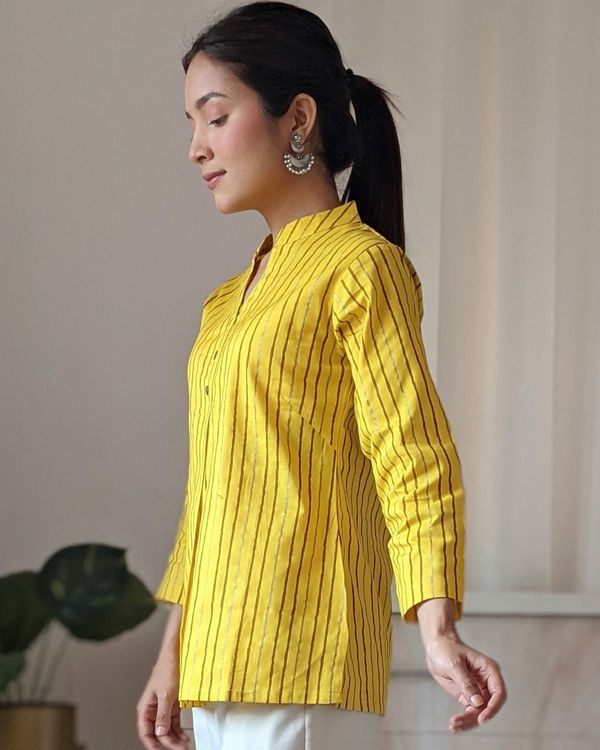 Yellow ochre front pleated striped top 2