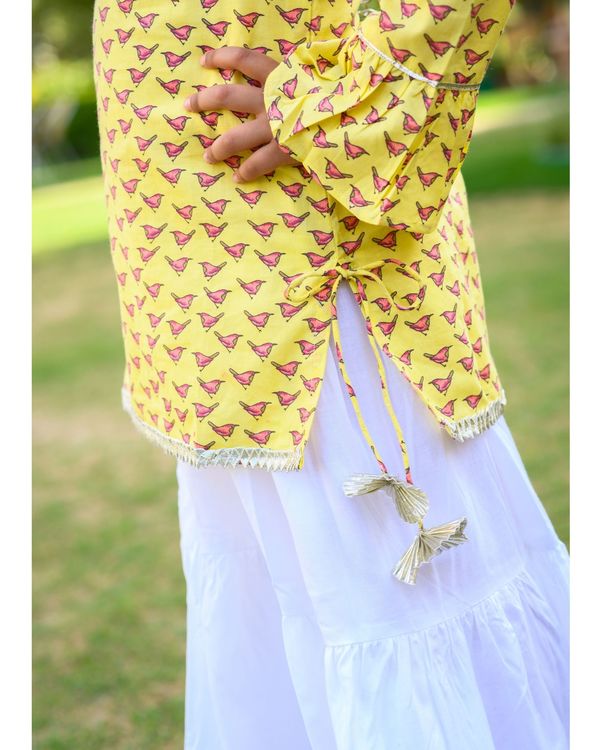 Yellow bird printed kurta and white skirt - set of two 2