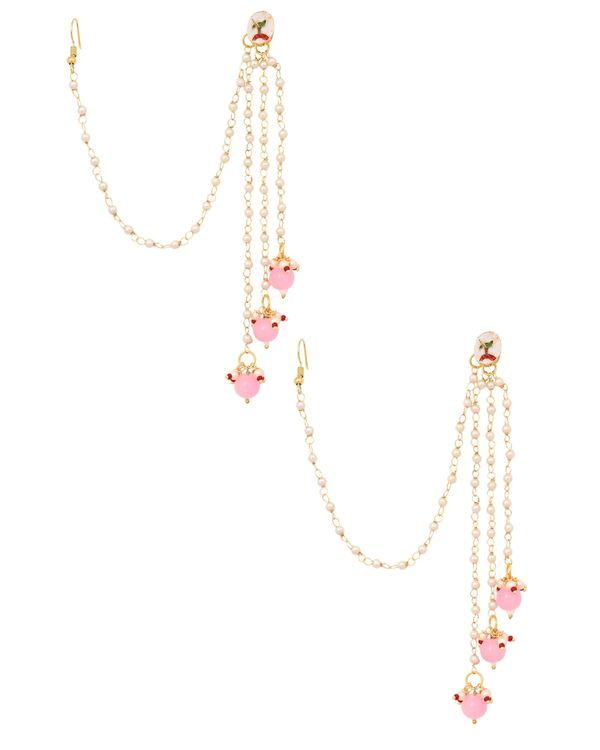 Kundan stone and pink beaded tassel earrings with hair chain 1