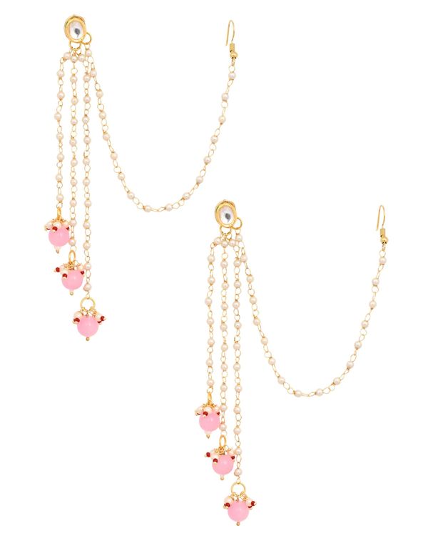 Kundan stone and pink beaded tassel earrings with hair chain 2
