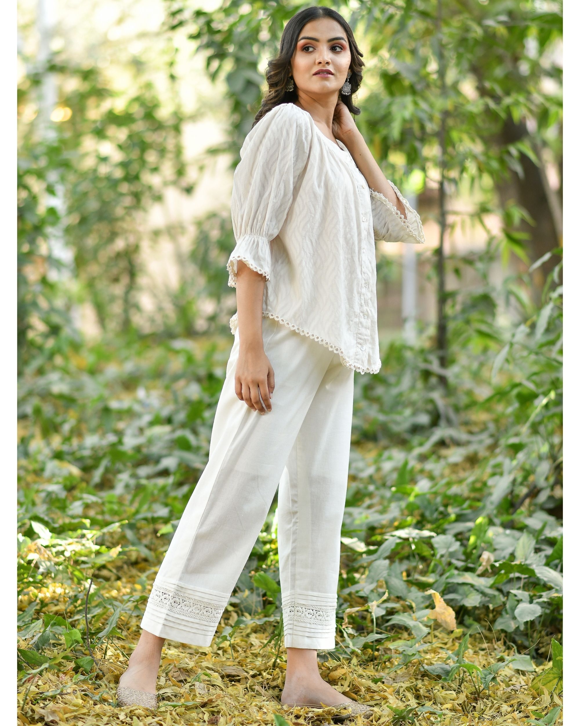 Buy Blue Cotton Gathered Top with Belt and Off White Pants - Set of 2 |  JS23BL/S/JS19 | The loom