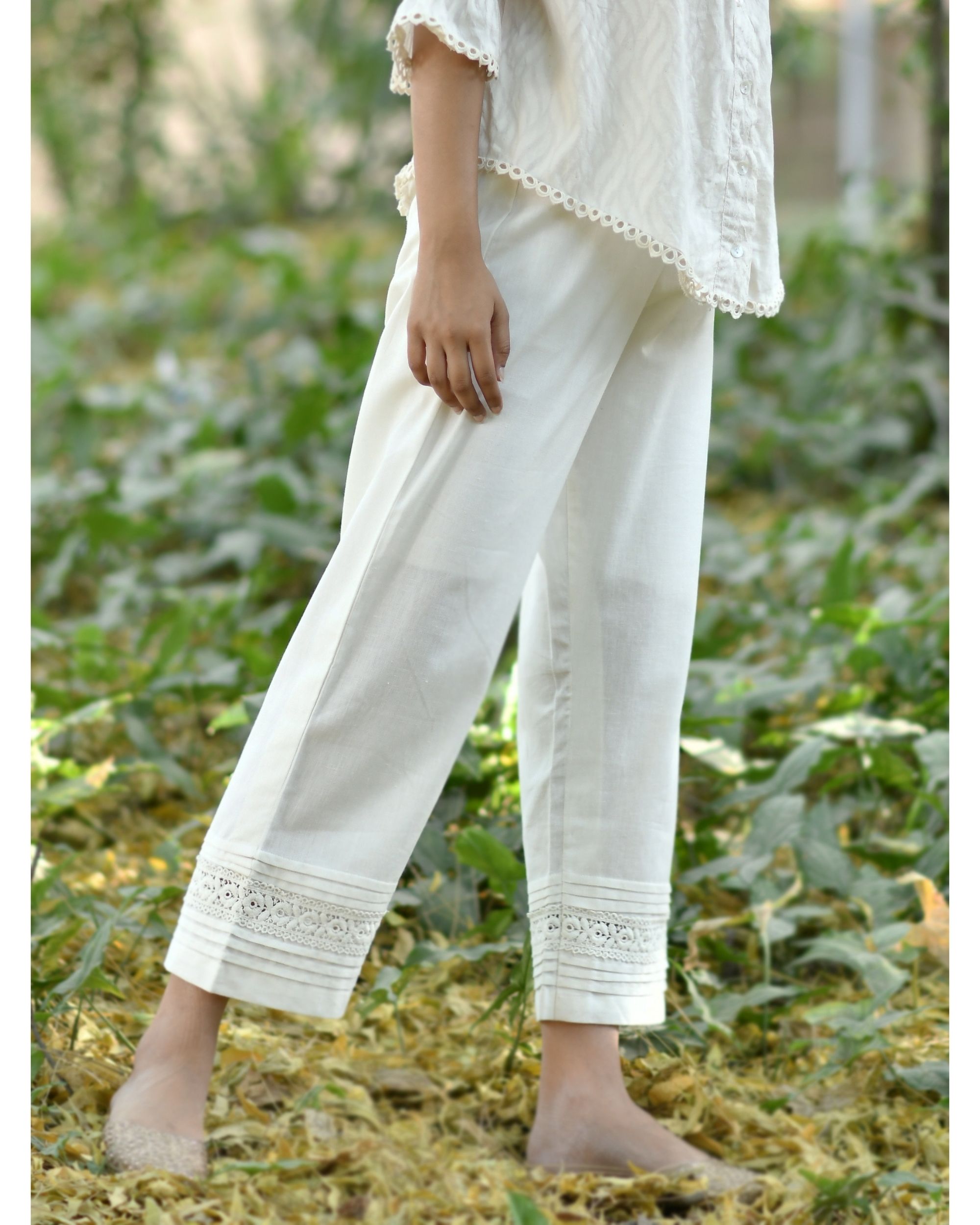 Off white lace detailed cotton pants by Jalpa Shah