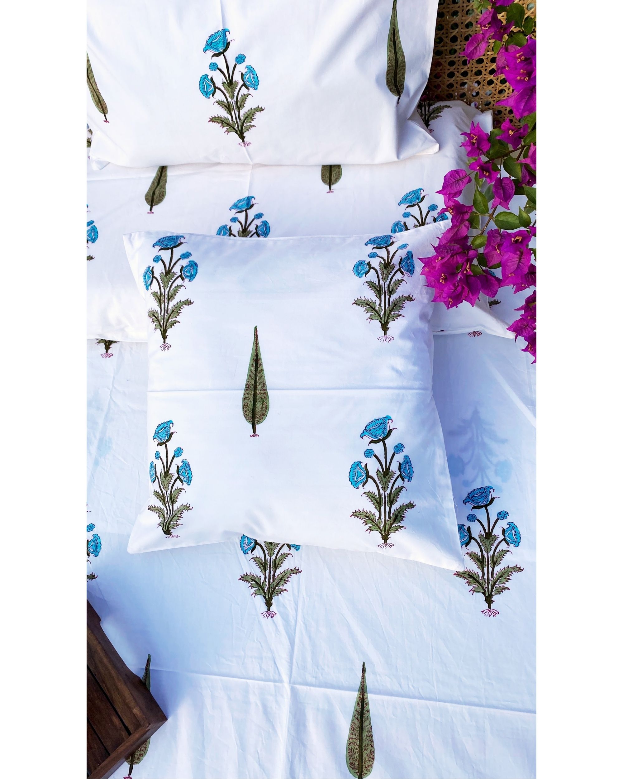 Blue cypress bed sheet with 2 pillow covers set of three by Avaasya
