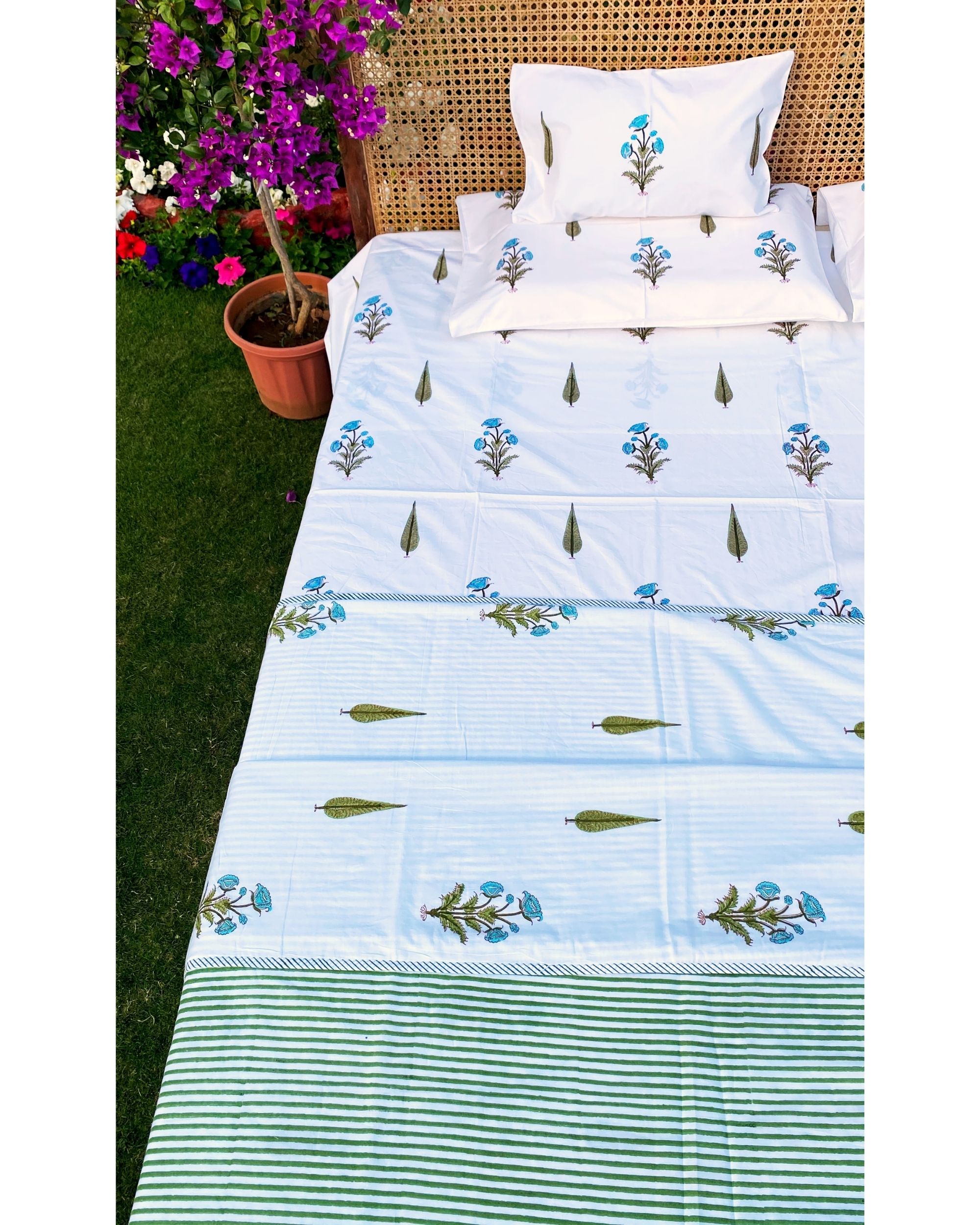 Blue cypress bed sheet with 2 pillow covers set of three by Avaasya