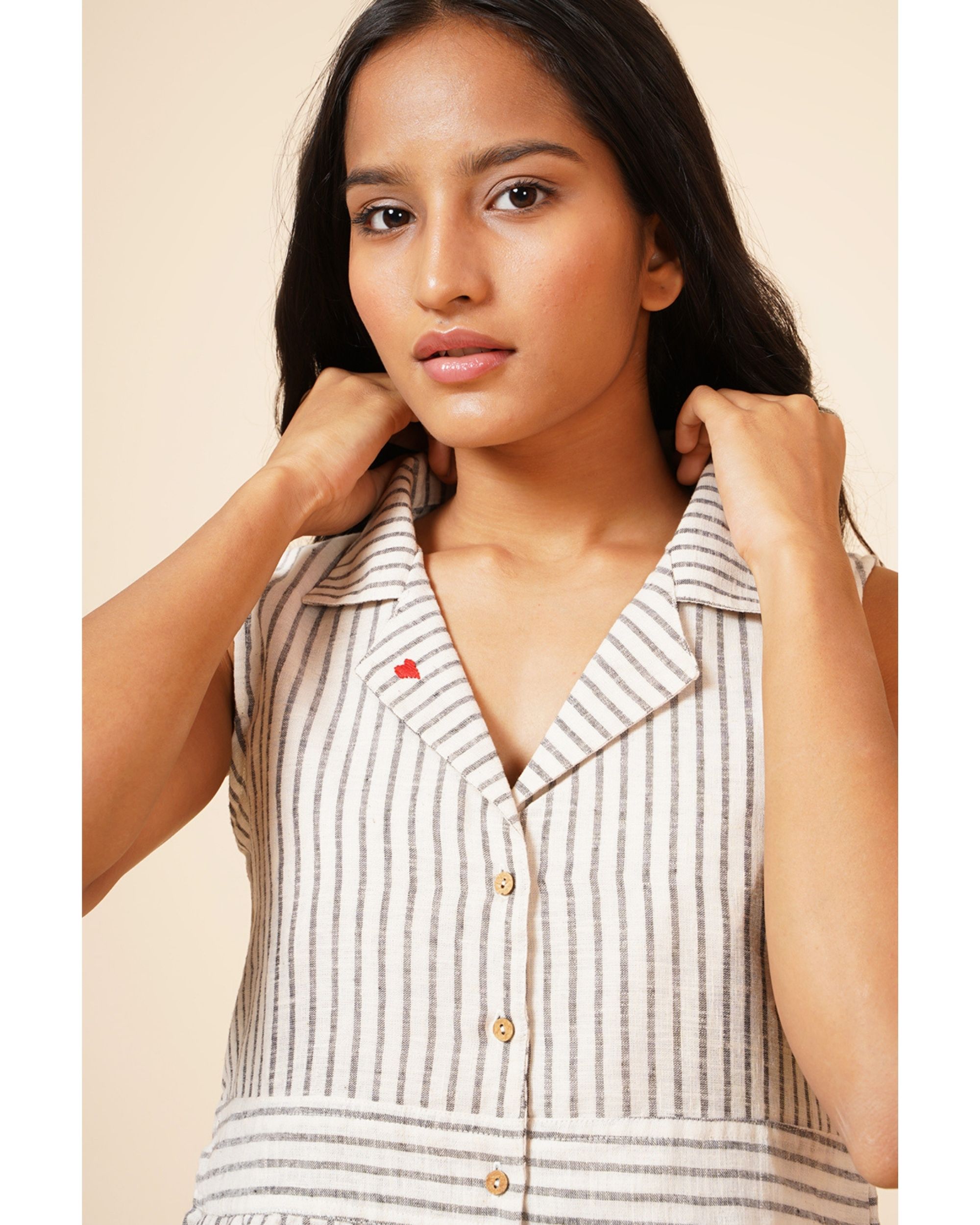 Crew Neck Mini T-shirt Dress - Ivory and Navy Stripe