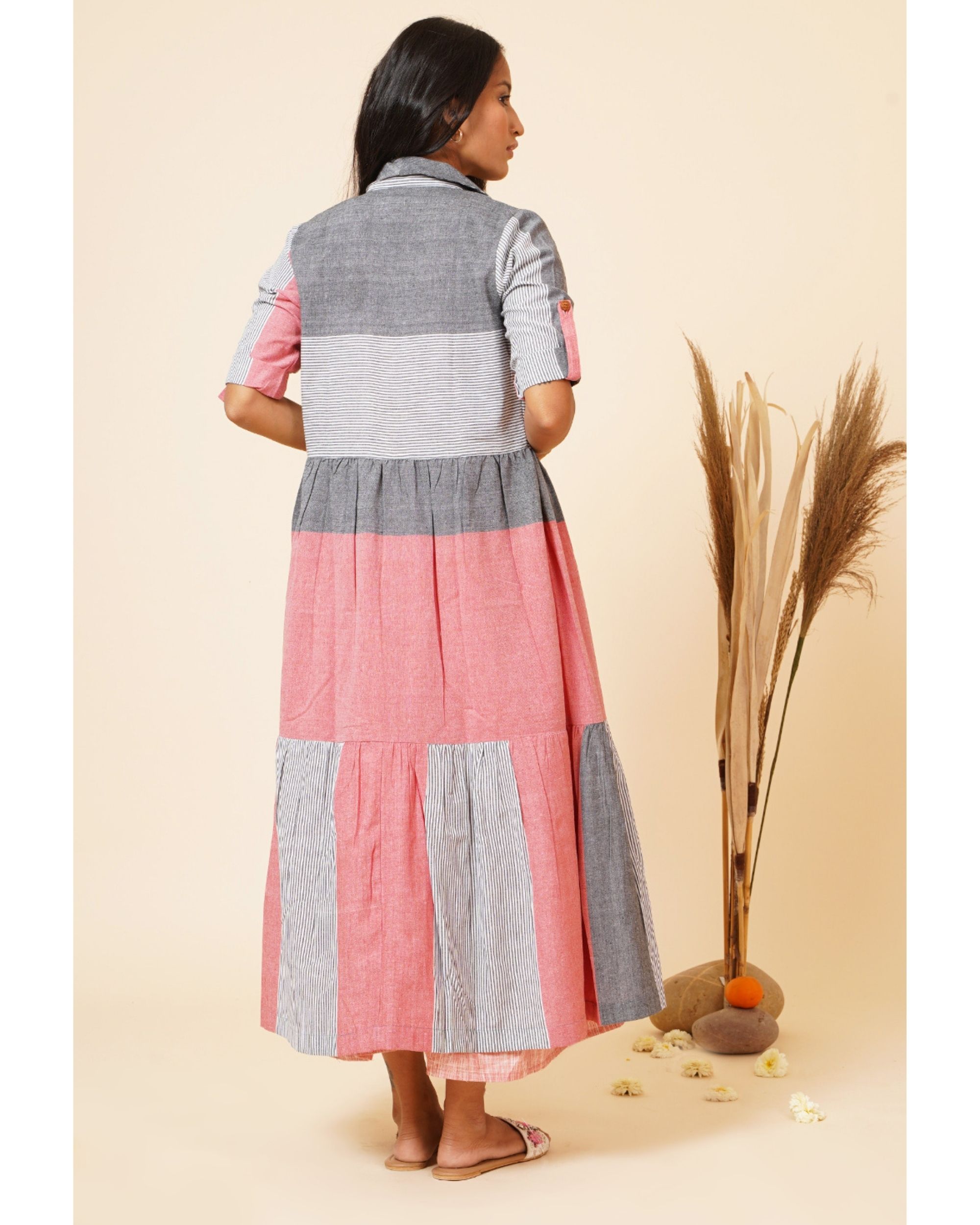 Grey striped jacket with maxi dress set of two by Miar The Secret Label