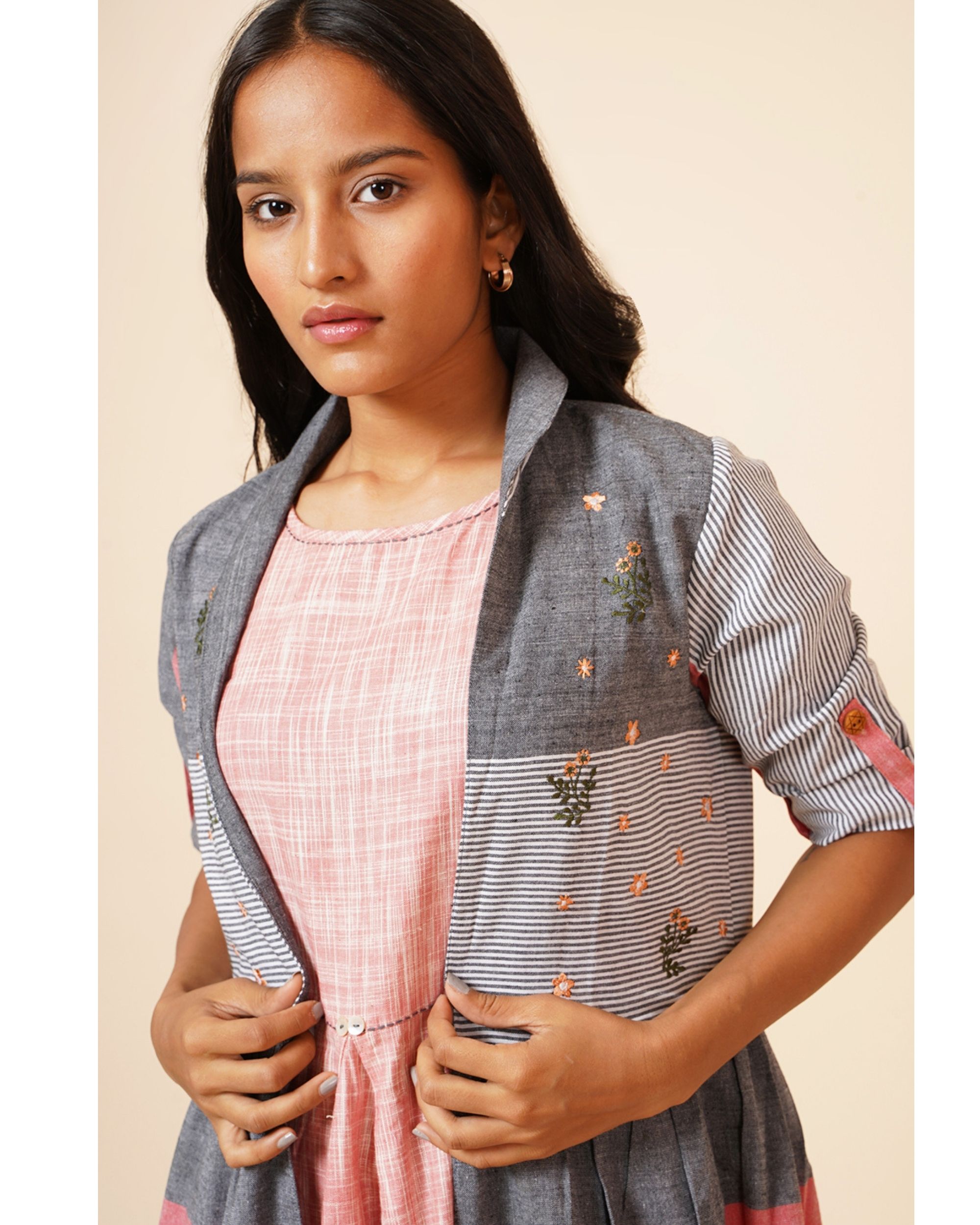 Grey striped jacket with maxi dress set of two by Miar The Secret Label