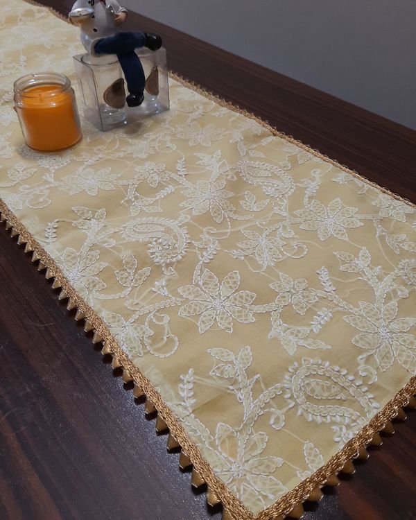 Yellow paisley and floral hand embroidered chikankari table runner 1