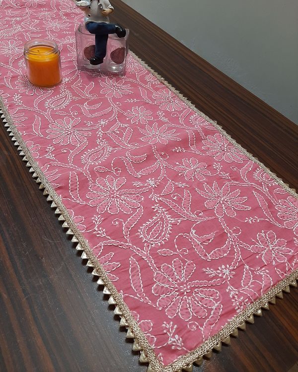 Pink paisley and floral hand embroidered chikankari table runner 1