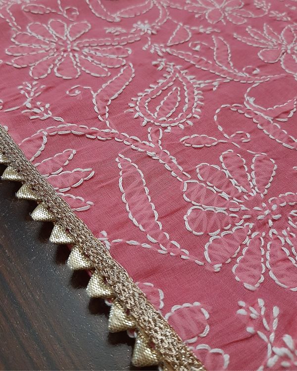 Pink paisley and floral hand embroidered chikankari table runner 2
