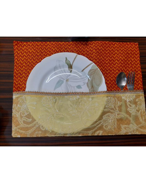 Orange zig zag printed chikankari table mat - set of six 1