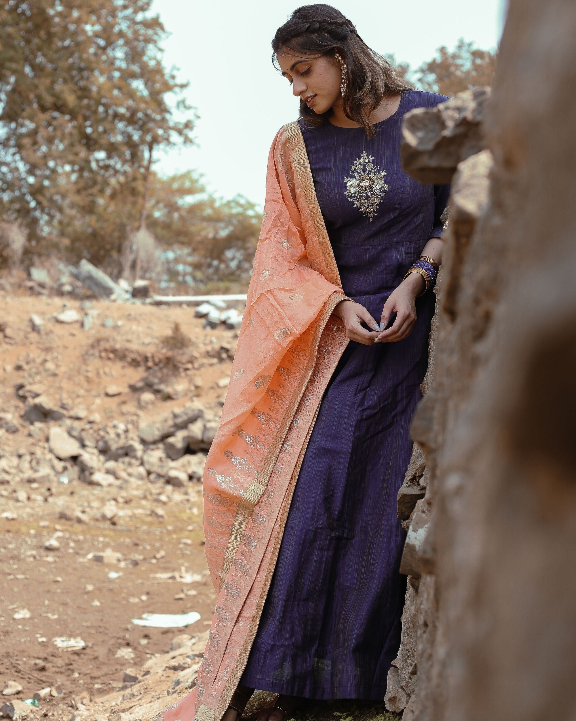 Navy blue embroidered dress with peach zari dupatta set of two by Kundavai The Secret Label