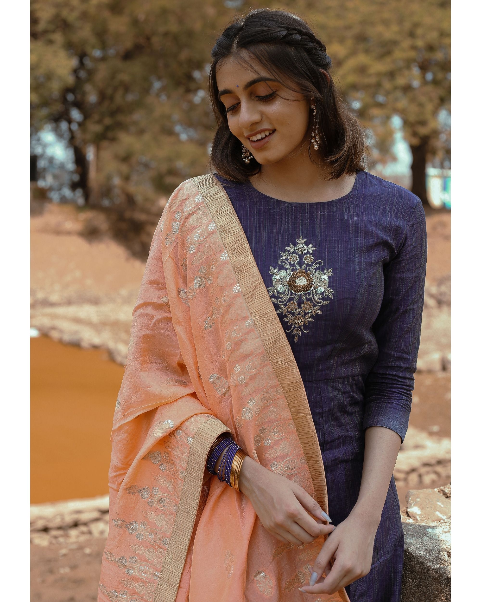 Navy blue embroidered dress with peach zari dupatta set of two by