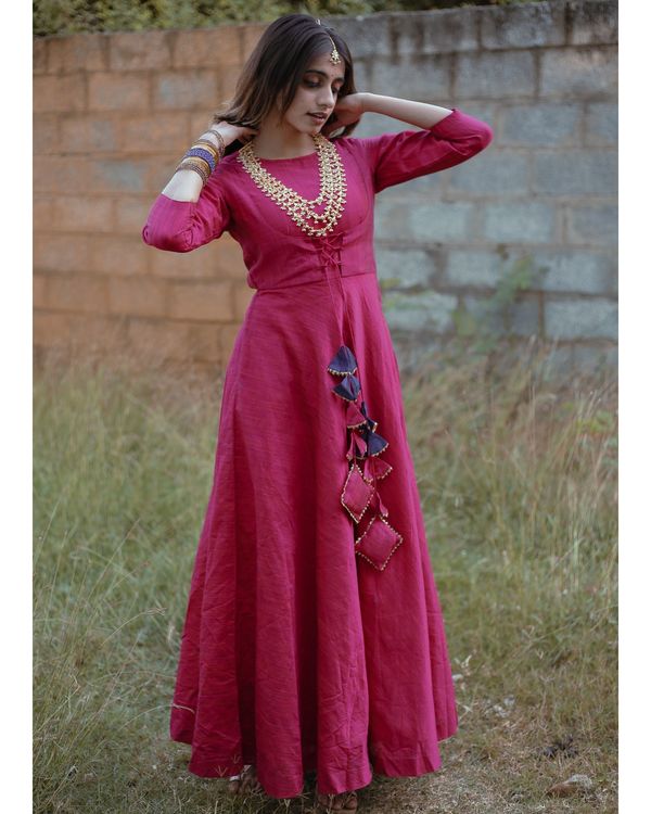 Rani pink chanderi silk dress with dupatta - set of two 3