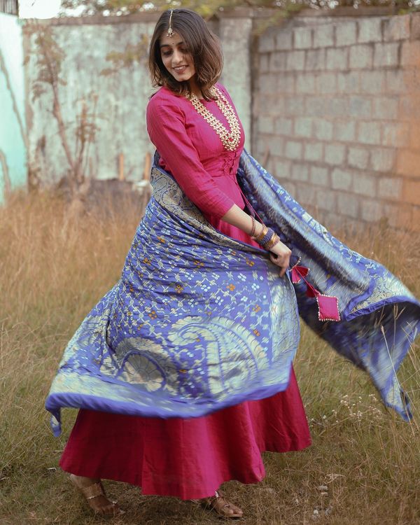 Rani pink chanderi silk dress with dupatta - set of two 2