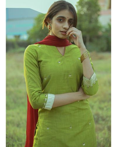 Shop Yellow and green georgette dress with green dupatta - set of two | The  Secret Label