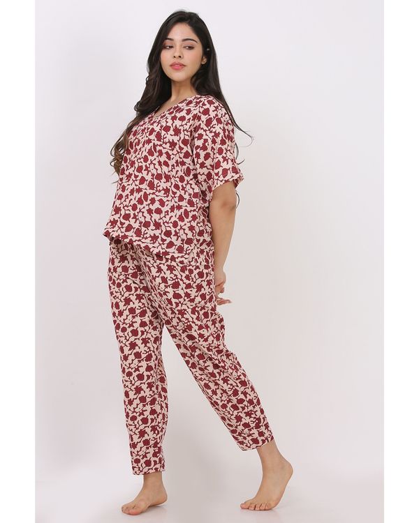 Maroon printed top with pants - set of two 2