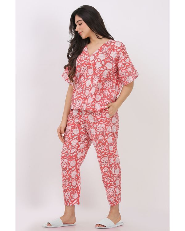 Coral floral printed top with pants - set of two 2