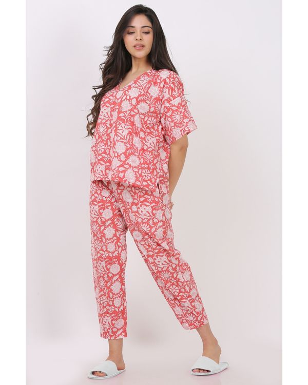 Coral floral printed top with pants - set of two 3