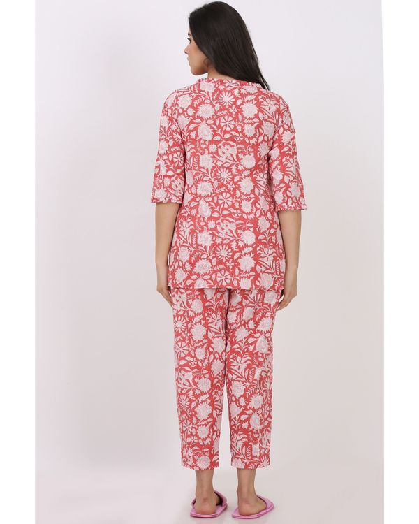 Coral pink floral printed top with pants - set of two 3