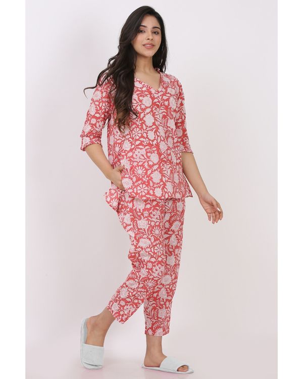 Coral pink floral printed top with pants - set of two 2