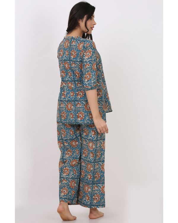 Blue floral printed top with pants - set of two 3