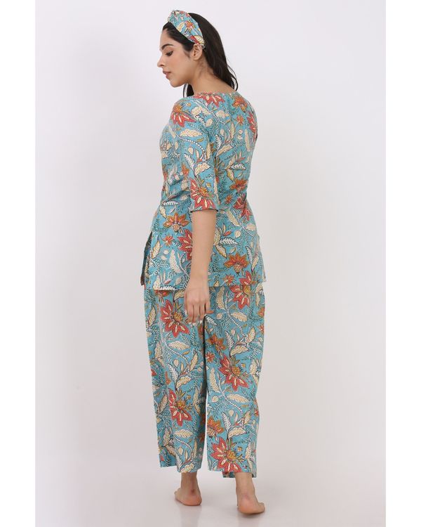 Summer blue short printed kurta and pyjama with hair band - set of three 1