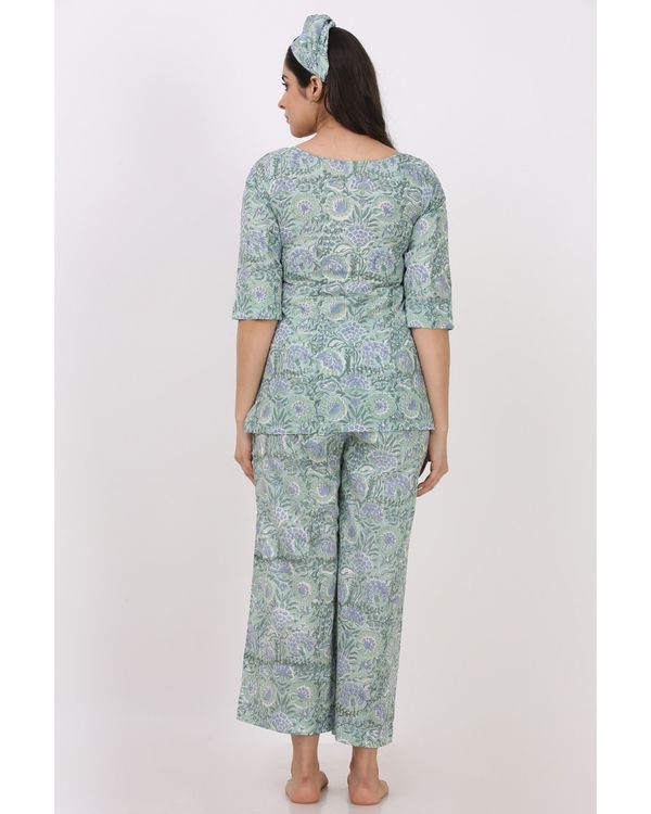 Blue and green short printed kurta and pyjama with hair band - set of three 1