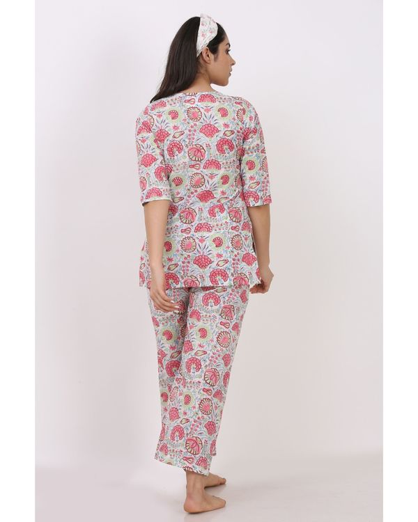 Off white and pink short printed kurta and pyjama with hair band - set of three 3