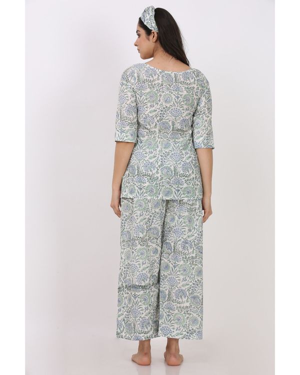 Sky blue short printed kurta and pyjama with hair band - set of three 1