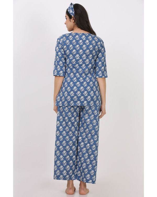Blue booti printed short kurta and pyjama with hair band - set of three 3