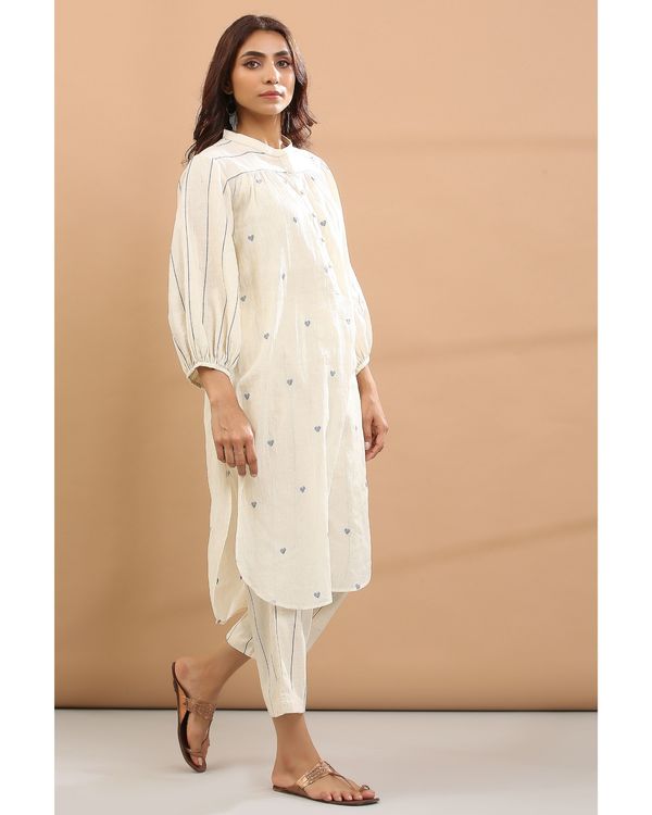 Off white and blue heart kurta with inner and pants - set of three 2